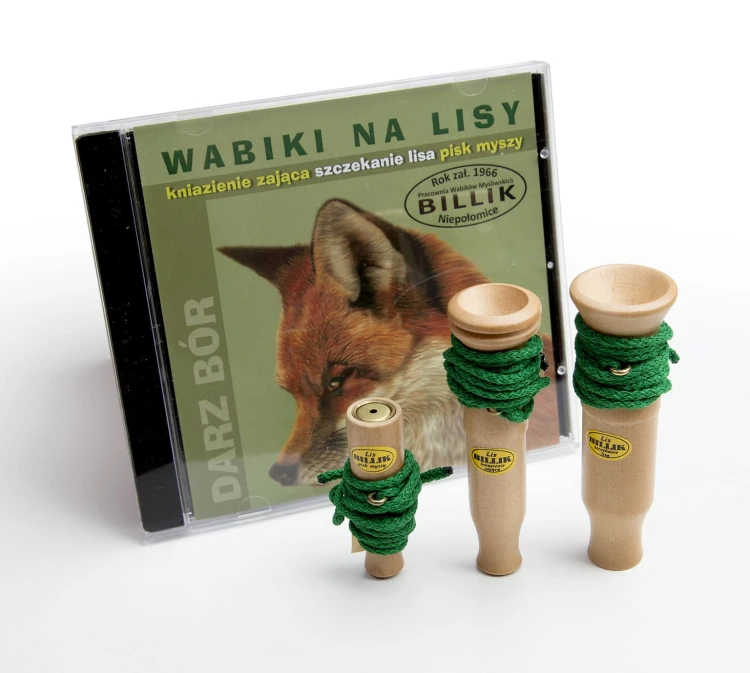 Potrójny zestaw drewnianych instrumentów Wabiki na lisa BILLIK Kniazienie Szczekanie Pisk z zielonym etui