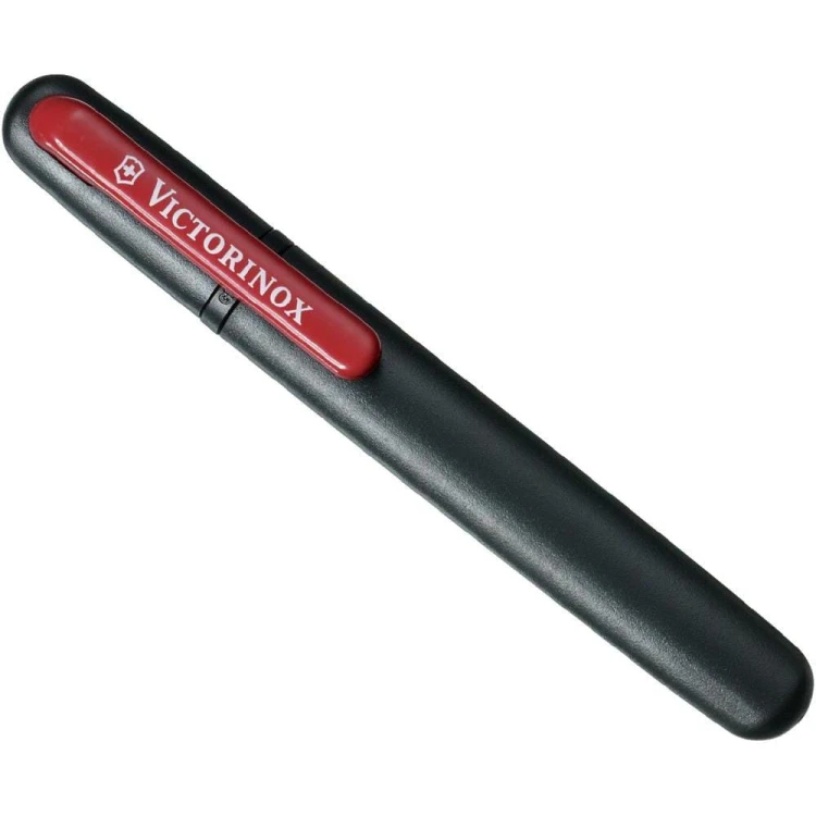 Ostrzałka podwójna Victorinox 4.3323 w czarnej obudowie z czerwonym klipsem
