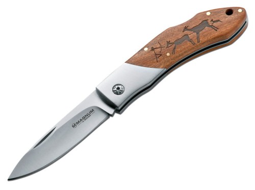 Nóż składany Magnum Caveman Steel 440A z drewnianą rękojeścią i motywem prehistorycznego polowania
