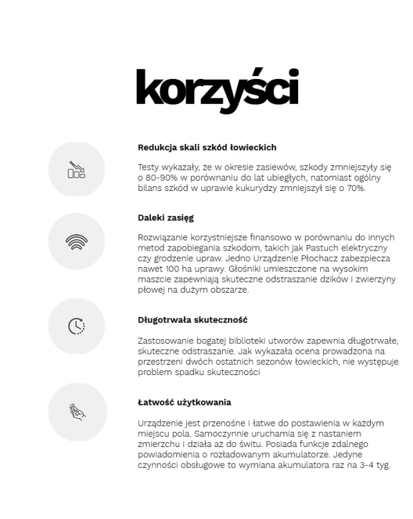 Profesjonalny dźwiękowy odstraszacz na dziki jelenie i sarny Płochacz SD-1 korzyści