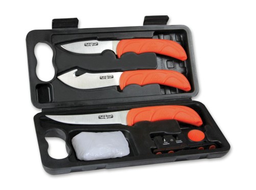 Zestaw noży myśliwskich Outdoor Edge WildLite WL-6 z ostrzałką i rękawicami w otwartej walizce