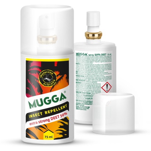 Repelent Mugga Strong Spray 50% DEET - przednia i tylna etykieta produktu