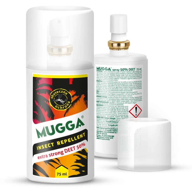 Repelent Mugga Strong Spray 50% DEET - przednia i tylna etykieta produktu