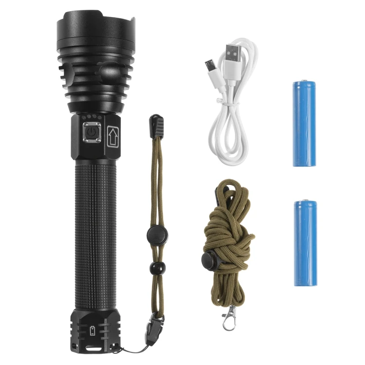 Latarka XRG 3000 Zoom Thrower w zestawie z akumulatorami, adapterami, przewodem USB i smyczami