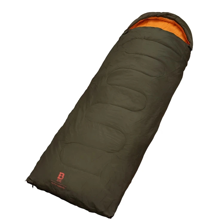 Śpiwór Badger Outdoor Nightpack prawy w kolorze oliwkowym z pomarańczowym wnętrzem
