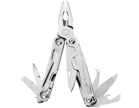 Multitool Leatherman Rev 832130 z rozłożonymi 14 narzędziami