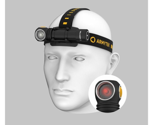 Armytek Wizard C2 WR F06901C na opasce czołowej z włączonym czerwonym światłem