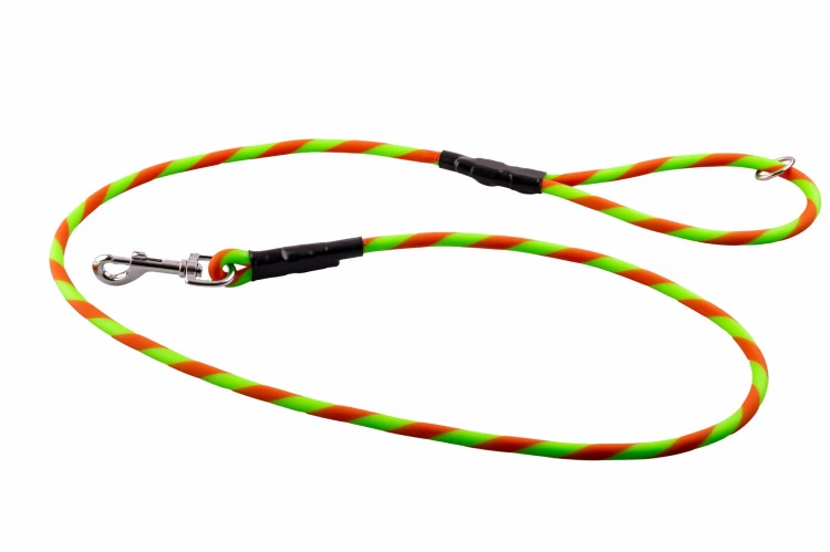 Smycz dla psa BioThane Duo 150 cm zielono-pomarańczowa z metalowym karabińczykiem i pętlą uchwytową