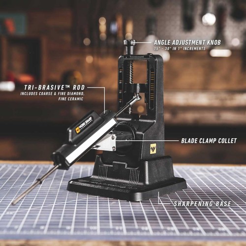 Elementy systemu Work Sharp Precision Adjust z regulacją kąta i uchwytem noża