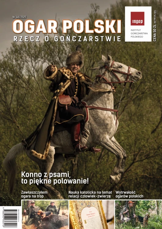 Ogar Polski 2025 Rzecz o gończarstwie – okładka z jeźdźcem na koniu podczas historycznego polowania