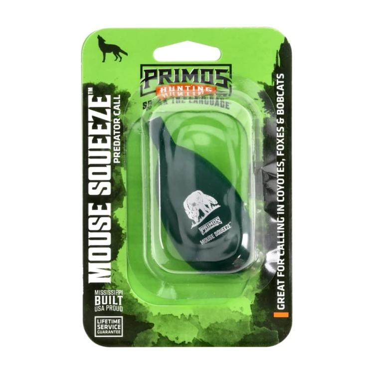 Zielony gumowy wabik na lisy Primos Mouse Squeeze Primos Hunting naśladujący pisk myszy opakowanie