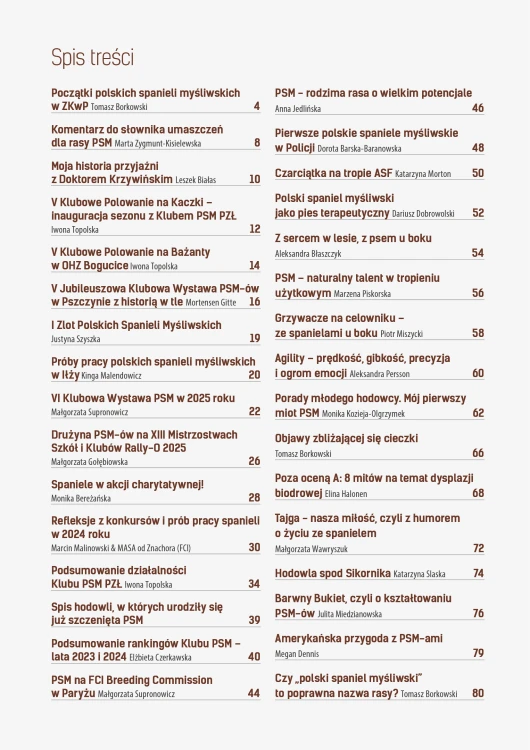 Spis treści biuletynu Polski Spaniel Myśliwski 5/2025