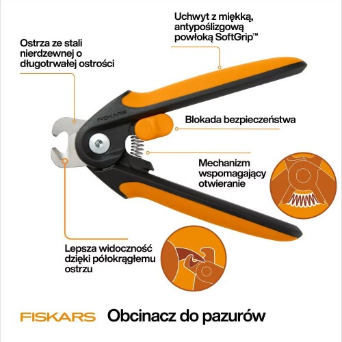 Obcinacz do pazurów Fiskars PET CARE z ostrzami ze stali nierdzewnej, blokadą bezpieczeństwa i uchwytem SoftGrip