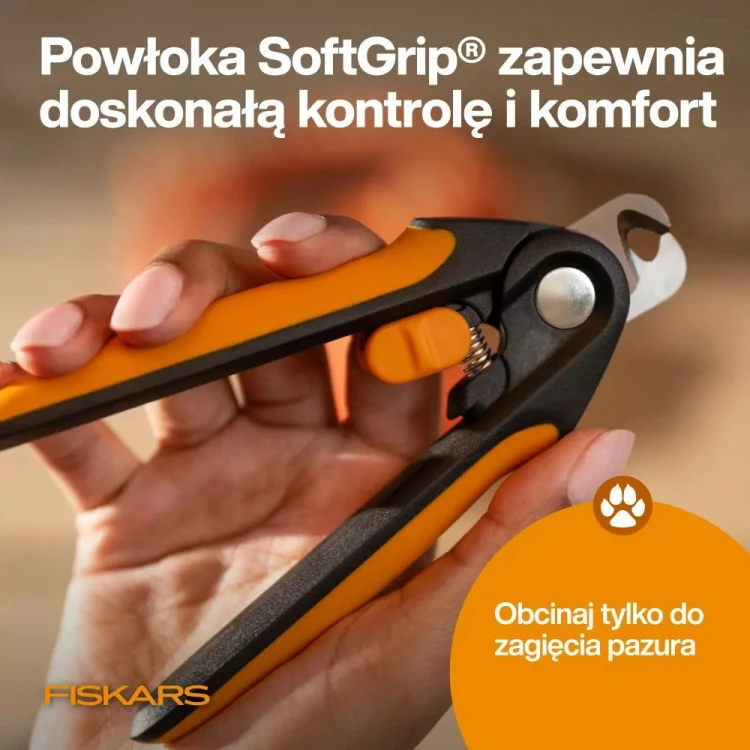 Uchwyt SoftGrip w obcinaczu do pazurów Fiskars PET CARE zapewnia wygodną kontrolę podczas pielęgnacji psa