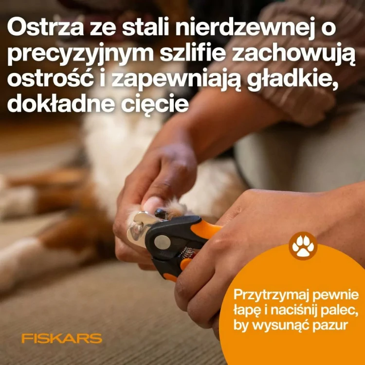 Ostrza ze stali nierdzewnej w obcinaczu Fiskars PET CARE umożliwiają dokładne cięcie pazurów psa