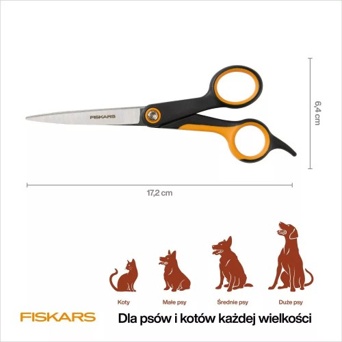Nożyczki Fiskars PET CARE o wymiarach 17,2 cm na 6,4 cm do strzyżenia psów i kotów każdej wielkości