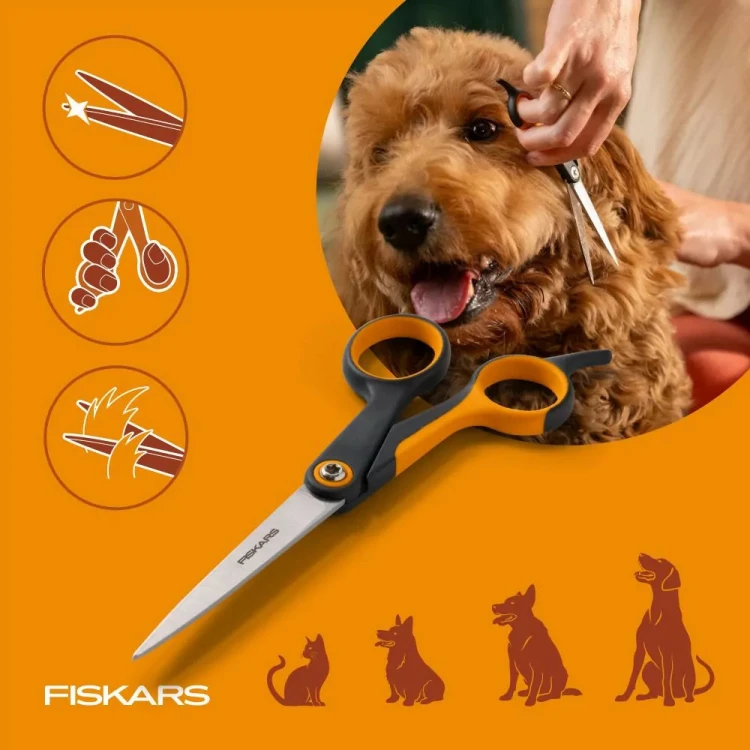Nożyczki Fiskars PET CARE do strzyżenia sierści psa z ikonami precyzyjnych ostrzy i wygodnego chwytu
