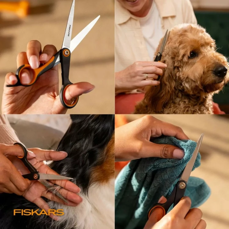 Kolaż zdjęć nożyczek Fiskars PET CARE pokazujący chwyt, strzyżenie psa, przycinanie sierści i czyszczenie narzędzia