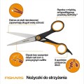 Infografika nożyczek Fiskars PET CARE z ostrzami ze stali nierdzewnej, SoftGrip i 5-punktowym podparciem dłoni