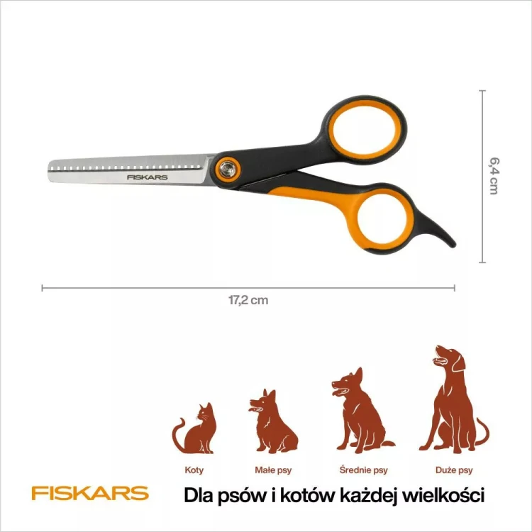 Nożyczki degażówki Fiskars PET CARE o długości 17,2 cm i szerokości 6,4 cm dla psów i kotów każdej wielkości