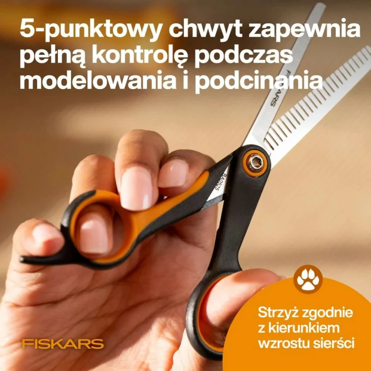 Nożyczki degażówki Fiskars PET CARE z 5-punktowym chwytem do modelowania i podcinania sierści