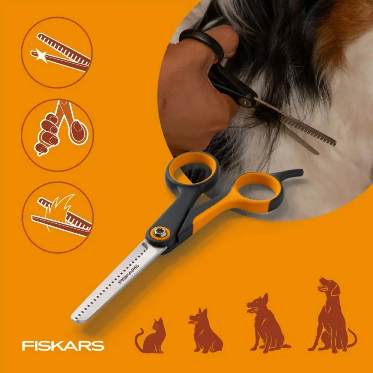 Nożyczki degażówki Fiskars PET CARE do cieniowania sierści psa z ikonami funkcji i rozmiarów zwierząt