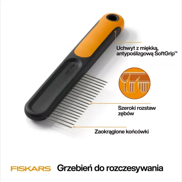 Grzebień Fiskars PET CARE z uchwytem SoftGrip, szerokim rozstawem zębów i zaokrąglonymi końcówkami