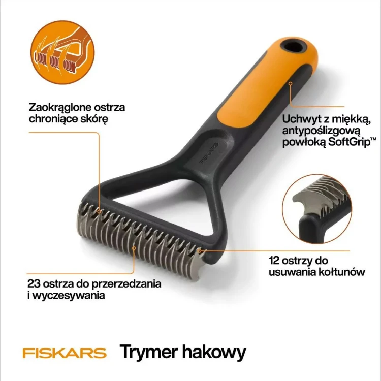 Trymer hakowy Fiskars PET CARE z zaokrąglonymi ostrzami, rączką SoftGrip i podwójnym układem zębów