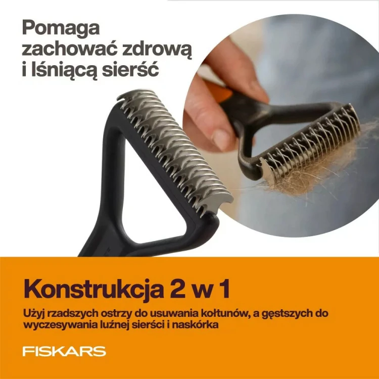 Trymer hakowy Fiskars PET CARE z podwójną konstrukcją do usuwania kołtunów i wyczesywania luźnej sierści