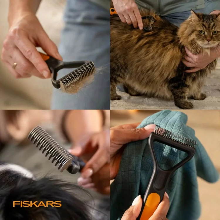 Trymer hakowy Fiskars PET CARE podczas usuwania kołtunów, pielęgnacji kota i czyszczenia narzędzia