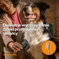 Szczotka pudlówka Fiskars PET CARE podczas delikatnego wyczesywania sierści psa przez opiekuna