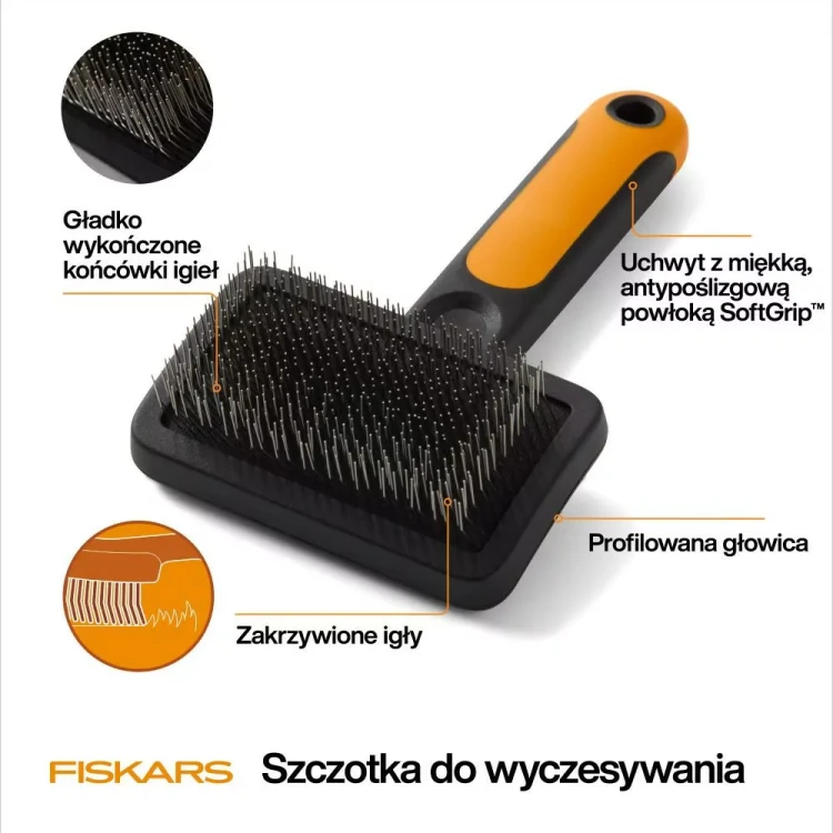 Szczotka pudlówka Fiskars PET CARE z zakrzywionymi igłami, profilowaną głowicą i uchwytem SoftGrip