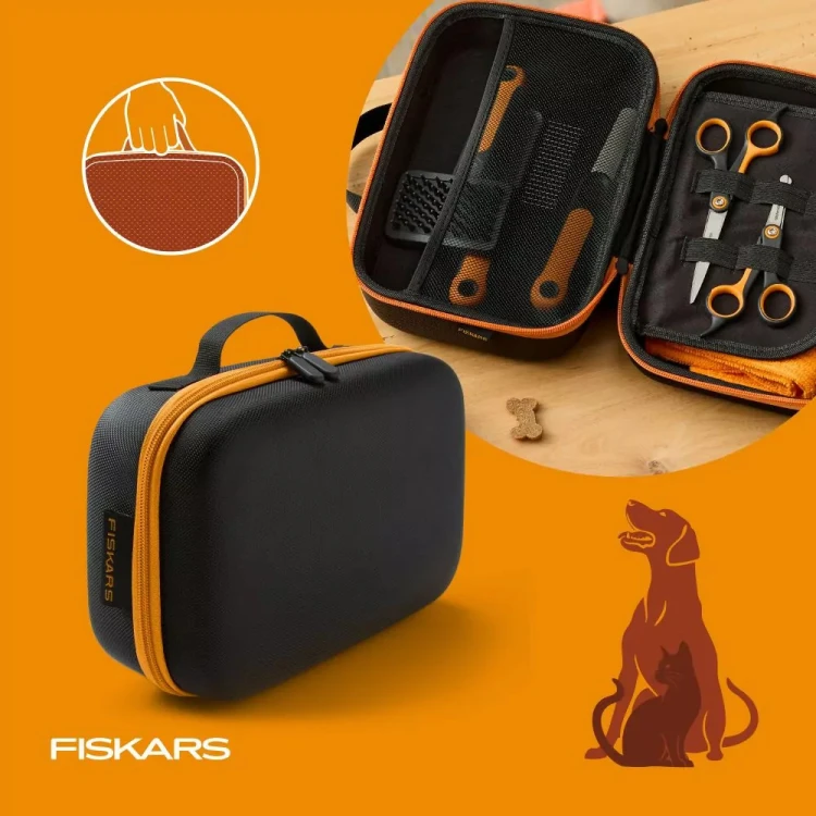 Etui podróżne Fiskars PET CARE zamknięte i otwarte z akcesoriami do pielęgnacji psa i kota