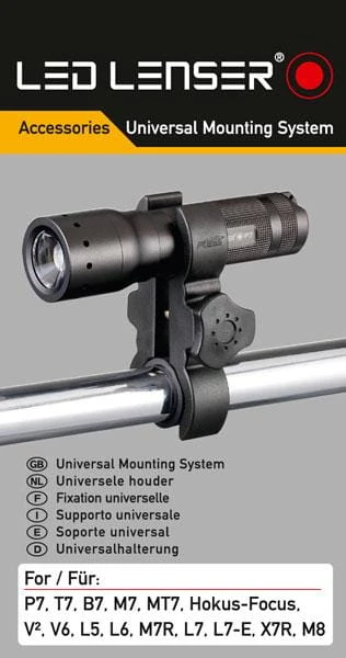 Opakowanie Ledlenser Universal Mounting System 0362 z listą kompatybilnych latarek