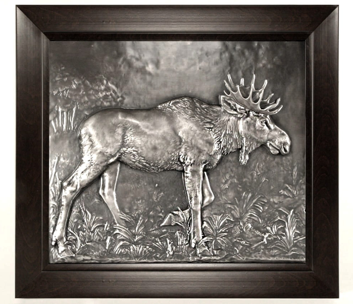 Srebrzona płaskorzeźba myśliwska z łosiem 52 × 45 cm
