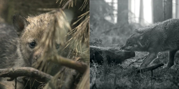 Rozkładówka albumu fotograficznego Idąc za wilkiem - dzikie wilki w Polsce