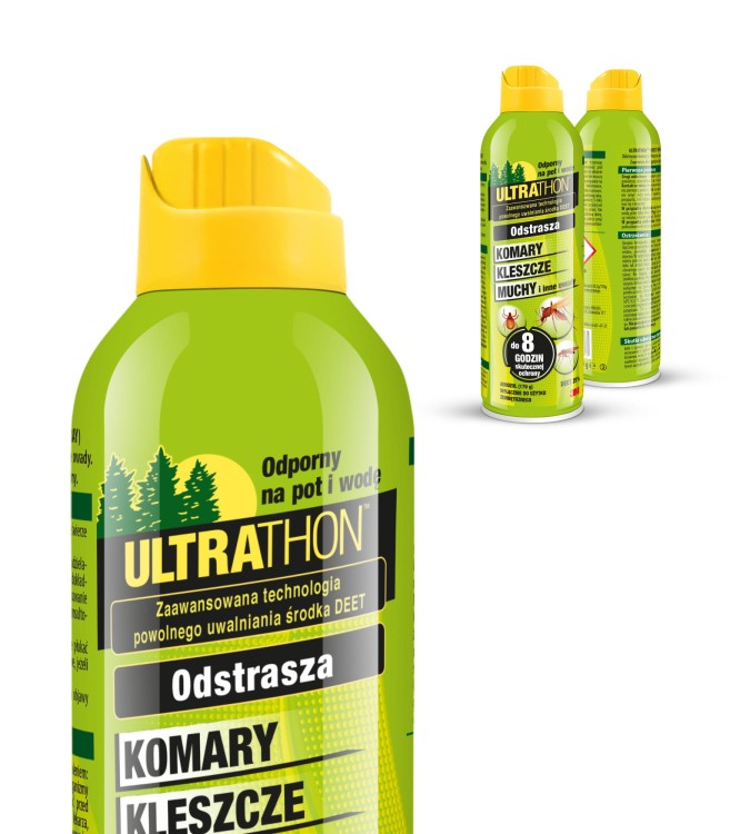 Ultrathon Spray – opakowanie z informacją o odporności na pot i wodę